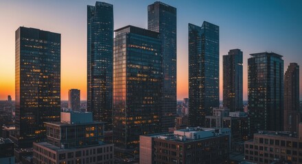  Cityscape view of tall buildings at sunset with orange and blue sky in the background twilight hour
