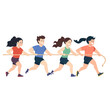 © kiimoshi - A group of four animated characters running in a race, showcasing teamwork and competitive spirit. Ideal for sports illustrations and youth activities.