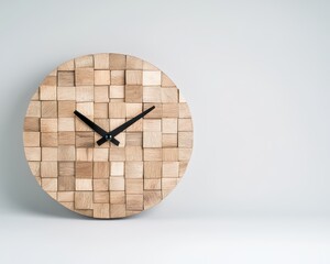 Poster - A round wooden wall clock features a distinctive patchwork design with various shades of wood. It has black hour and minute hands, adding a modern touch to a simple, minimalist space