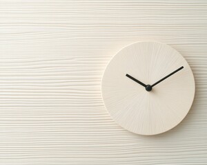 Poster - A minimalist clock with a circular design rests against a textured light-colored wall, reflecting a modern aesthetic. The timepiece features simple black hands that emphasize tranquility and elegance
