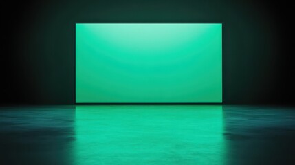 Poster - A green rectangular display is positioned in front of a dark background, casting a vibrant glow on the polished floor