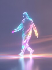 Poster - A glowing figure walks confidently, holding a vibrant object against a soft, abstract backdrop that hints at dawn or dusk. Colors blend to create a dreamlike atmosphere