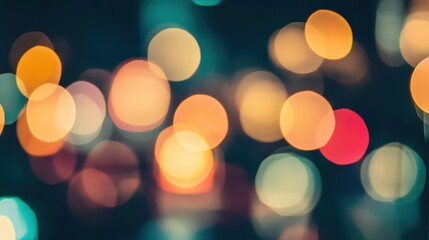 Poster - Vibrant bokeh lights illuminate the night in a city setting, creating a soft and colorful atmosphere. The blurred effect evokes a sense of warmth and nightlife excitement