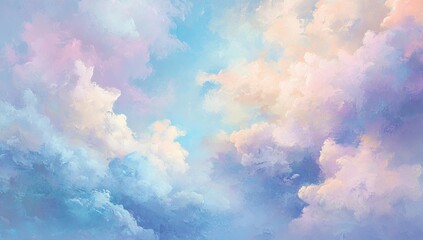 Poster - Dreamy Pastel Cloudscape: An Artistic Impression of Serene Skies, Soft Hues, and Fluffy Clouds in a Peaceful Atmosphere