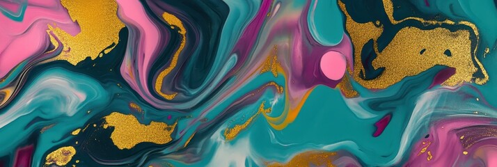 Poster - Vibrant colors of pink, green, and gold blend together in a dynamic abstract art piece. The swirling patterns create an engaging visual experience, showcasing a playful and artistic environment