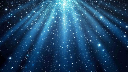 glimmering blue light rays pierce a dark, starry night sky, creating a magical, celestial scene.