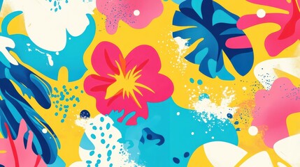 Poster - A lively design featuring a mix of tropical flowers and leaves in bright colors of pink, blue, and white against a cheerful yellow backdrop. This artwork exudes a playful and vibrant energy