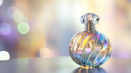 Poster - The elegant glass perfume bottle features intricate swirling designs, reflecting vibrant colors against a gently blurred background, evoking a serene evening ambiance
