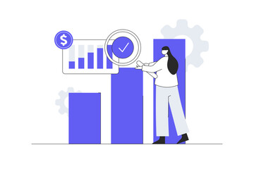 Poster - Woman character analyzing graphs and diagrams. Planning business strategy and managing data and finance. Data analysis concept. Flat Cartoon Vector Illustration, icon. Stylish abstract design web