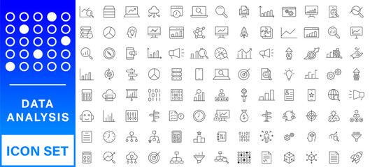 Poster - Data analysis line icon set. Editable stroke. Containing as big data, data mining, algorithm, analytics, machine learning, ai, science, warehouse, database, dataset and more.