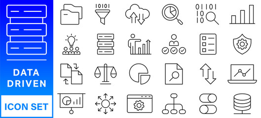 Poster - A set of line icons related to Data Analysis. Data, digital, graph, analyze, surplus, growth, research, loss, business, security, and so on. Vector editable stroke.