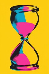 Poster - An artistic hourglass is depicted in contrasting pink and blue shades, set against a vivid yellow backdrop, symbolizing the passage of time in a modern style