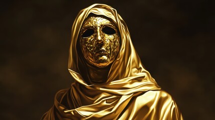 Poster - A golden figure with a detailed mask and flowing fabric stands in an evocative pose. The ethereal atmosphere suggests themes of mystery and artistry, drawing the viewer's gaze