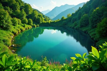 Wall Mural - Circular lake surrounded by lush green vegetation, scenic, pattern