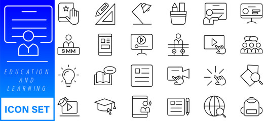 Poster - E-learning and education icon set. Online Education icon collection. Distance learning. Video tuition, online course, audio course, digital education, educational website and more.