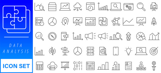 Poster - Data analysis line icon set. Editable stroke. Containing as big data, data mining, algorithm, analytics, machine learning, ai, science, warehouse, database, dataset and more.