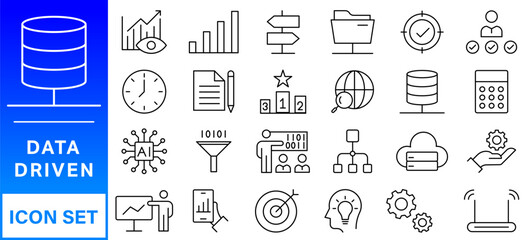 Poster - A set of line icons related to Data Analysis. Data, digital, graph, analyze, surplus, growth, research, loss, business, security, and so on. Vector editable stroke.