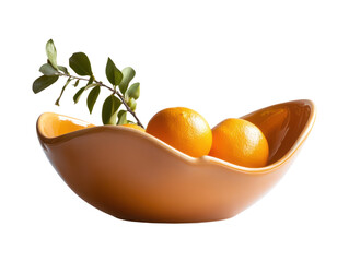 Wall Mural - A ceramic bowl filled with fresh oranges and a green leafy branch sits gracefully.