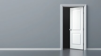 Poster - The open door reveals a dark space, contrasting with the light gray wall surrounding it. The simple and clean lines of the door and wall create a modern aesthetic