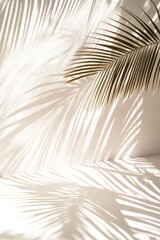 Poster - Palm fronds cast intricate shadows on a soft, neutral background, offering a serene atmosphere. Bright light enhances the natural beauty and texture of the leaves, creating a tranquil space