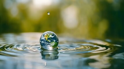 Wall Mural - Peaceful water droplet resting on a tranquil surface reflecting the image of the planet Earth in a symbolic representation of harmony with the natural environment  This minimalist