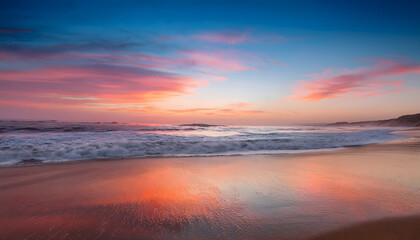 Poster - A serene beach at sunset with colorful skies reflected on the wet sand and gentle waves lapping at the shore