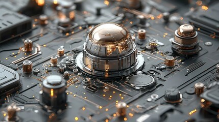 Poster - Futuristic Technological Sphere: A 3D Render of a Complex, Metallic Mechanism