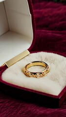 Poster - A gold ring is in a velvet box. The box is red and white