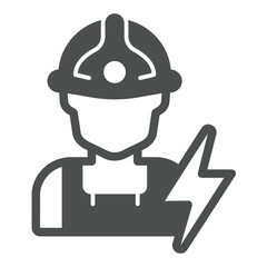 Poster - Electrician with helmet and lightning solid icon, electrical service concept. Vector graphics. Handy man with flashlight sign on white background, glyph style icon for mobile or web design.