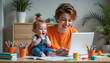 © Elina - Parent working at home with baby on lap, joyful atmosphere in cozy space