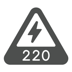 Poster - Electricity warning triangle solid icon, electrical service concept. Vector graphics. Two hundred twenty volts danger, safety sign on white background, glyph style icon for mobile or web design.
