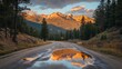 © savittree - A golden-hour road trip with warm light reflecting on a mountainous backdrop in the mirror.