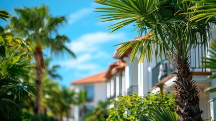 Aufkleber - Under a bright blue sky, palm trees sway gently beside a stunning tropical resort. The vibrant colors of flowers and sunlight create a perfect tranquil atmosphere for relaxation