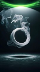 Poster - A white ring is suspended in the air, surrounded by a cloud of smoke. The smoke is a mixture of white and black particles, creating a hazy and ethereal atmosphere