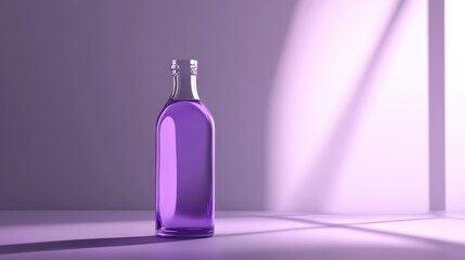 Poster - A striking glass bottle filled with purple liquid stands alone against a pale backdrop, illuminated by soft natural light that casts gentle shadows, creating a serene atmosphere