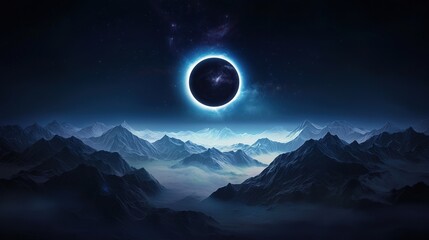 A large black circle is in the center of a mountain range. The sky is dark
