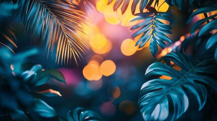 Poster - In a rich tropical setting, leaves glisten as twilight falls, casting soft, colorful lights through the jungle. A magical ambiance envelops the scene, inviting exploration and wonder