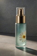 Poster - elegantly designed bottle with daisy embellishment illuminated by soft light in a minimalist setting