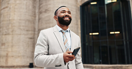 Aufkleber - Business man, phone and search in city with digital map, direction and location on web for real estate job. Property developer, person and smartphone with mobile app, happy and notification in Brazil
