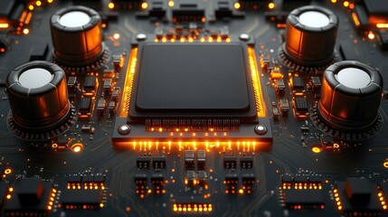 Poster - Close-up of a Futuristic Microchip Circuit Board Glowing Orange