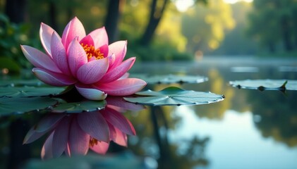 Wall Mural - intricate floral design reflected in calm lake water, flowers, pond, tranquil
