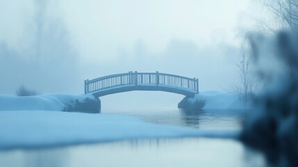 Aufkleber - misty winter scene with wooden bridge over a snow-covered stream.