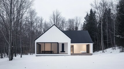 Aufkleber - Modern white house with black roof in snowy forest.