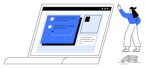 Woman pointing at a laptop displaying interface elements thumbs up forms and cards. Ideal for technology, education, work productivity, innovation, UX design, collaboration, flat simple metaphor