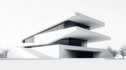 Aufkleber - Modern white three-story house architectural rendering with sleek lines, large windows, and minimalist design.