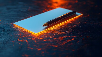 Poster - Minimalist white card with glowing pen and paper