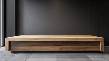 Poster - Modern wooden bench against a dark wall in a minimalist interior.