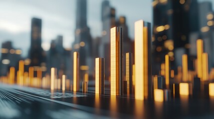Poster - Minimalist City Skyline with Glowing Structures Showcasing Financial District at Dusk