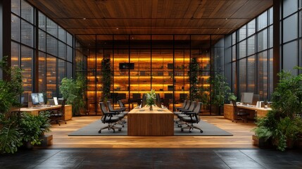 Poster - Modern, wood-paneled office with large windows, plants, and multiple workstations.