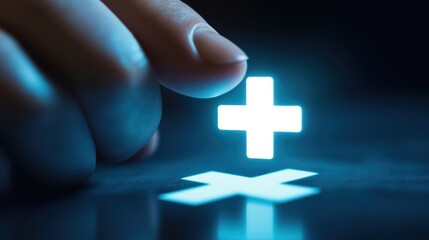 Poster - Businessman Pressing Virtual Health Icon with Hand in Modern Digital Environment for Medical Technology Concept